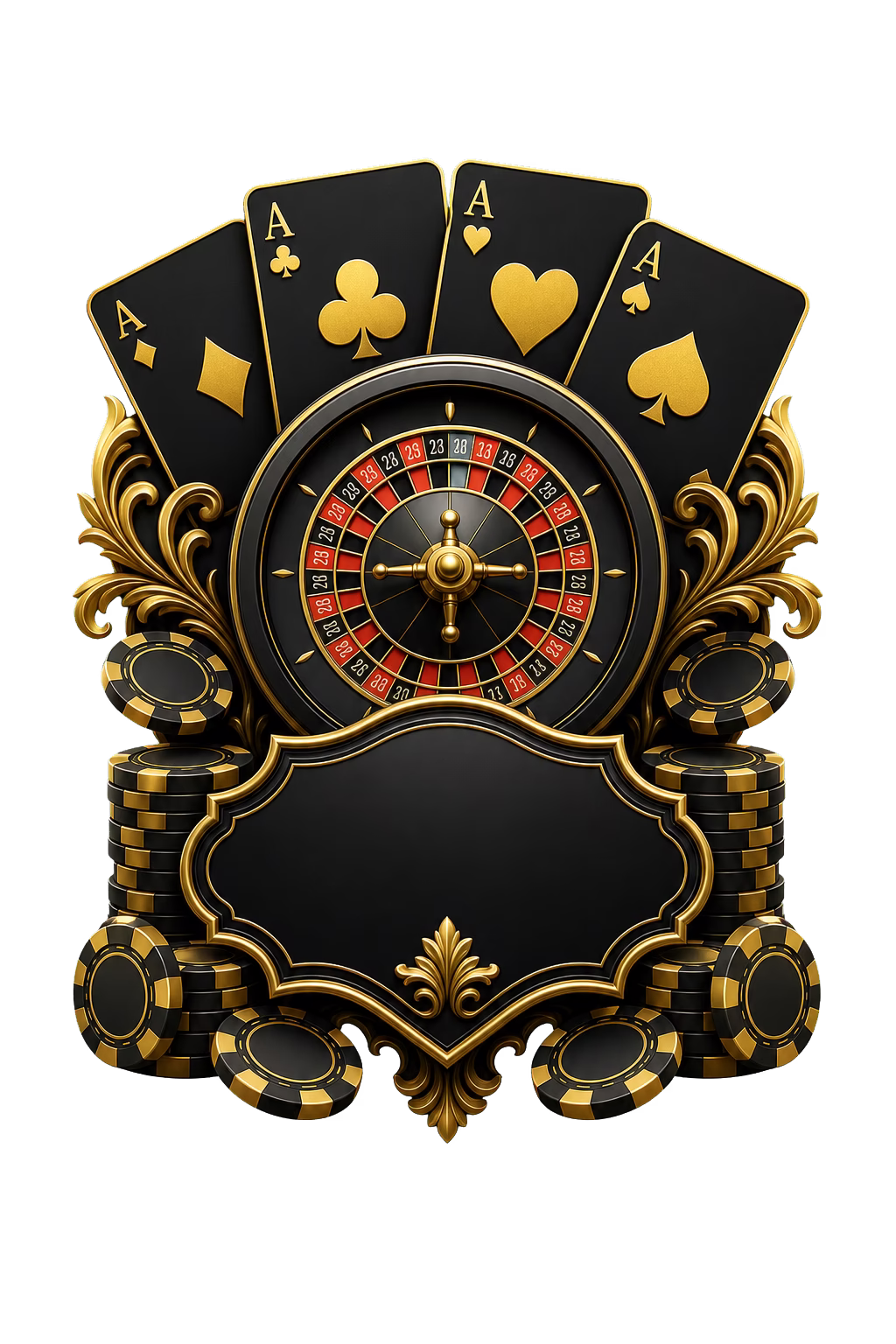 Schwarze und goldene Casino-Komposition mit Karten, Roulette und Jetons