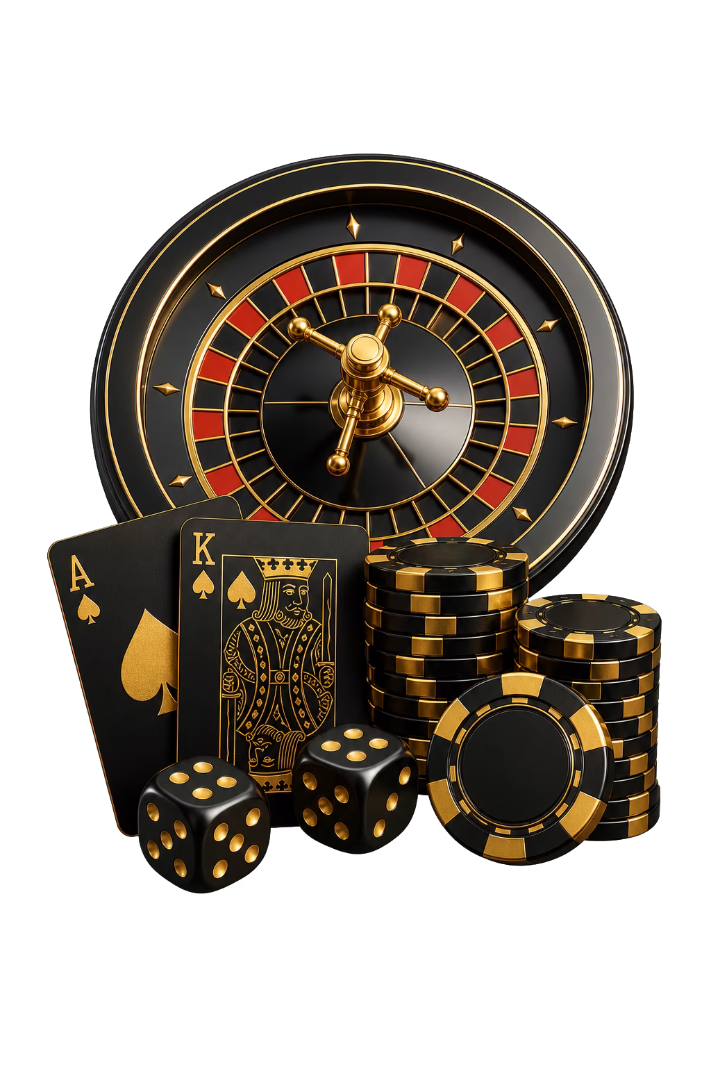 Roulette, Karten und Würfel in Schwarz und Gold