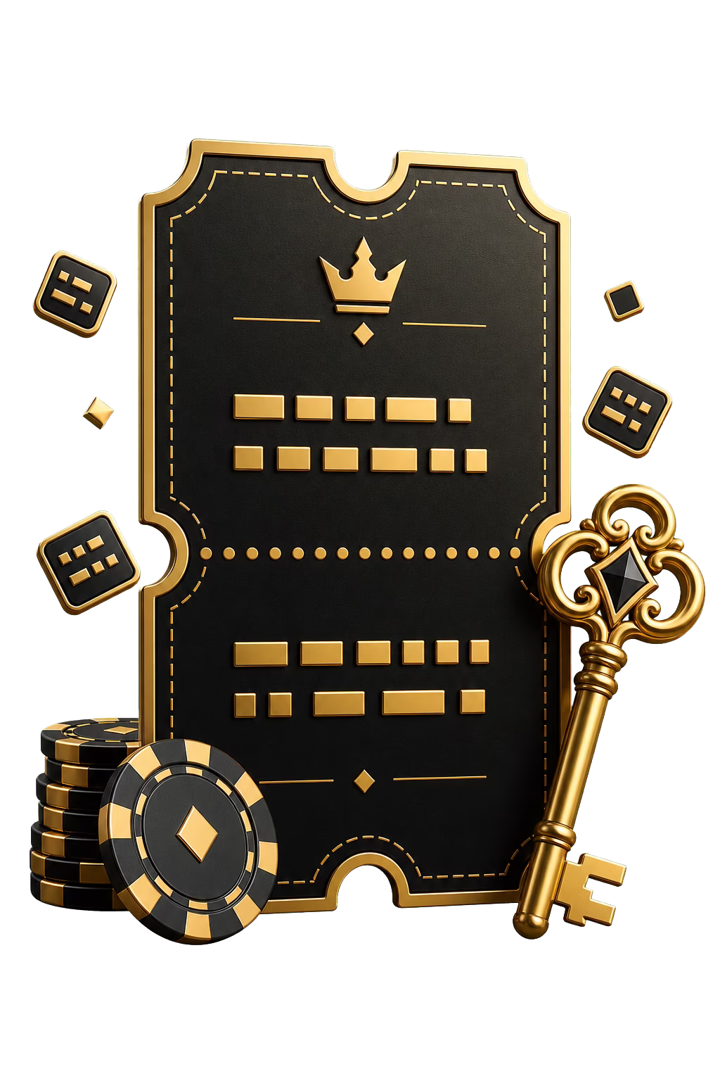 Goldener Bonuscode-Coupon mit Schlüssel und Jetons