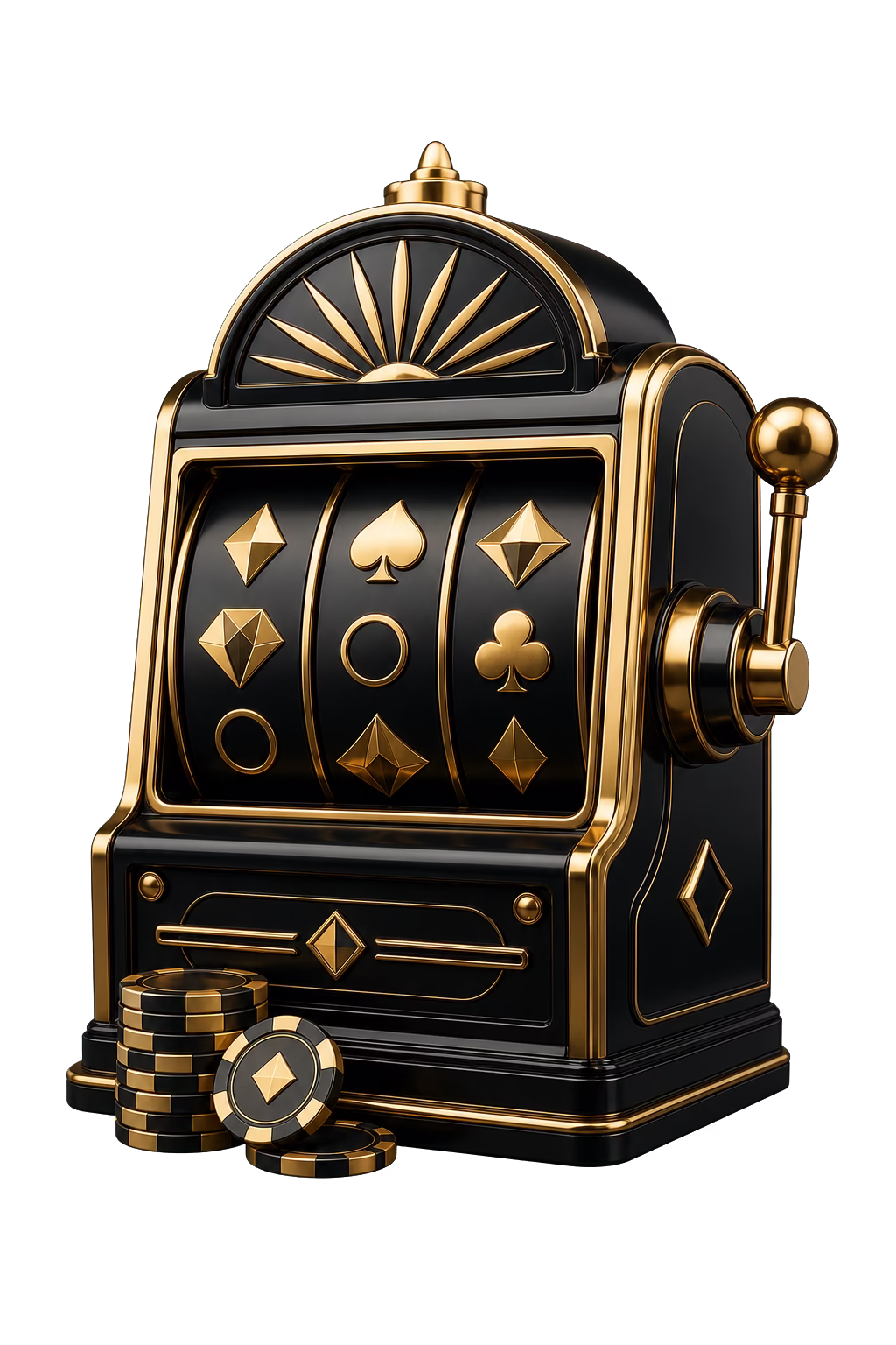 Goldener Spielautomat mit Walzen und Jetons