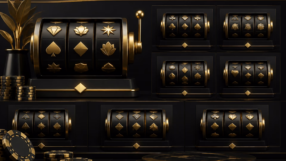 Slot-Katalog mit Reels und Goldakzenten